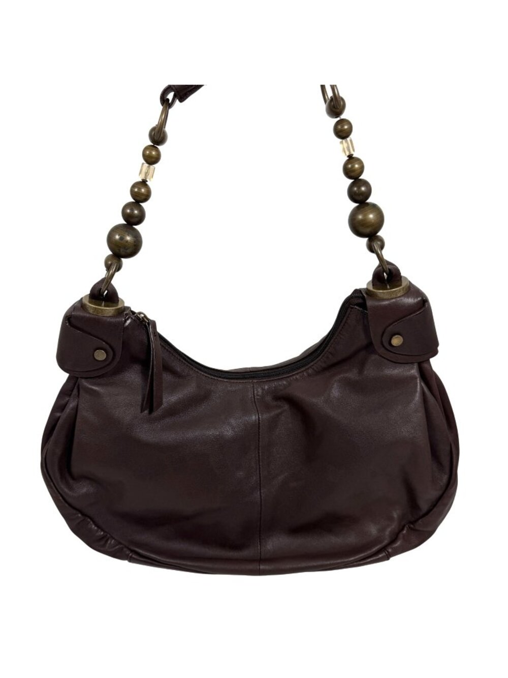 Sondra Roberts Brown Leather Slouchy Hobo Shoulder Bag Chunky Beaded Handle
